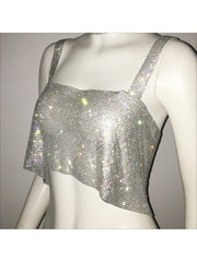 Rhinestone Spaghetti Straps Cropped Design Tops