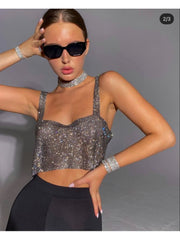 Rhinestone Spaghetti Straps Cropped Design Tops