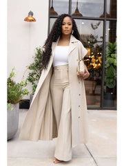 Lapel Buckle Long Coat Pleated Pant Sets