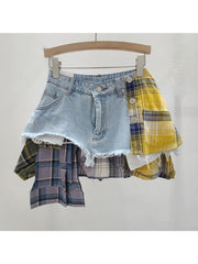 Plaid Patchwork Denim Irregular Skirts