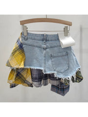 Plaid Patchwork Denim Irregular Skirts