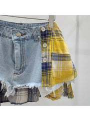 Plaid Patchwork Denim Irregular Skirts