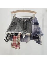 Plaid Patchwork Denim Irregular Skirts