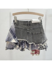 Plaid Patchwork Denim Irregular Skirts