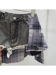 Plaid Patchwork Denim Irregular Skirts