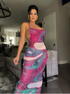 Colorblock See Through Backless Maxi Dress