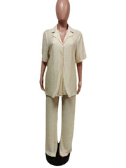 Loose Pleated Lapel Shirt Pant Sets