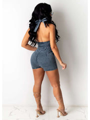 Denim Halter Lace Up Backless Rompers