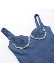 Hotfix Rhinestones Patchwork Denim Sleeveless Dresses