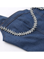 Hotfix Rhinestones Patchwork Denim Sleeveless Dresses