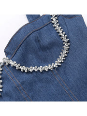 Hotfix Rhinestones Patchwork Denim Sleeveless Dresses