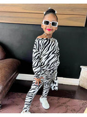 Zebra Bateau Neckline Loose Girl Clothing Sets