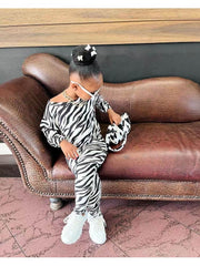 Zebra Bateau Neckline Loose Girl Clothing Sets