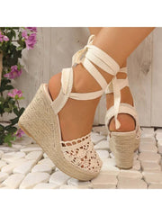 Solid Color Lace Panel Wedge Wedges &amp; Platform