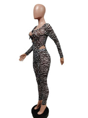 Zebra Cutouts Lace Up Bodysuits Pant Sets