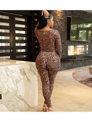 Zebra Cutouts Lace Up Bodysuits Pant Sets