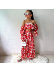 Flower High Rise Wide Leg Girl Clothing Sets