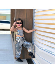 Metallic High Rise Cropped Girl Clothing Sets