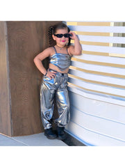 Metallic High Rise Cropped Girl Clothing Sets