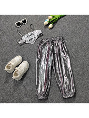 Metallic High Rise Cropped Girl Clothing Sets