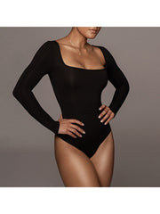 Square Neck Long Sleeve Bodycon Bodysuits