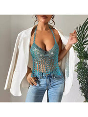 Chain Fringe Halter Backless Design Tops