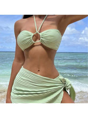 Solid Color Ruched Halter Backless Bikinis