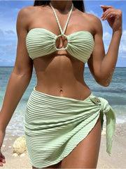 Solid Color Ruched Halter Backless Bikinis