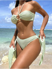 Solid Color Ruched Halter Backless Bikinis