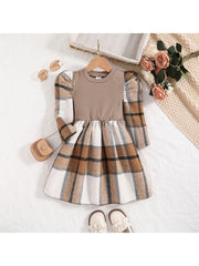 Patchwork Crewneck Knitting Girl Dresses