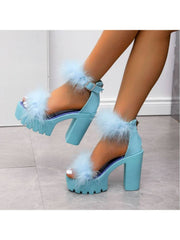 Solid Color Fake Fur Hasp Heels