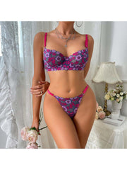 Contrast Color Flower Hollow-out Bra Sets