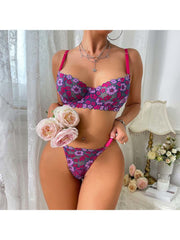 Contrast Color Flower Hollow-out Bra Sets