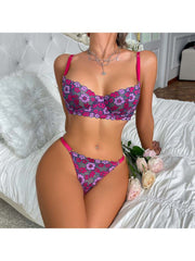 Contrast Color Flower Hollow-out Bra Sets