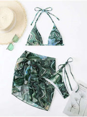 Halter Tie Dye Backless 3-piece Set Bikinis