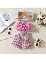 Bow Smocking Plaid Girl Clothing Sets