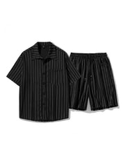 Striped Plain Color HK Style Shirt And Shorts Set