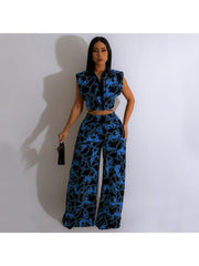 Geometric Pattern High Rise Straight Pant Sets