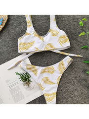 Colorblock Disty Floral Printing Fitted Bikinis