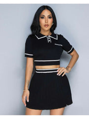 Knitting Buckle Cropped Pleated Skirt Sets