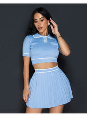 Knitting Buckle Cropped Pleated Skirt Sets