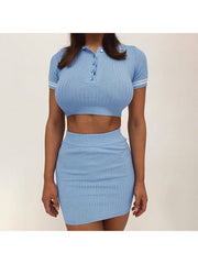 Striped Short Sleeve Cropped Skirt Sets