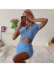 Striped Short Sleeve Cropped Skirt Sets