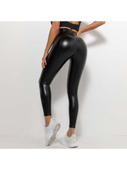 Solid Color PU Mid-rise Leggings