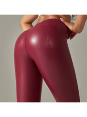 Solid Color PU Mid-rise Leggings