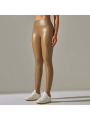 Solid Color PU Mid-rise Leggings