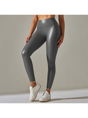 Solid Color PU Mid-rise Leggings