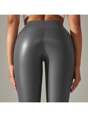 Solid Color PU Mid-rise Leggings