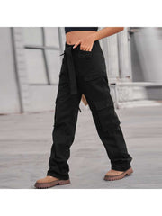 Waist Tie-wrap Cargo Washed Denim Pants