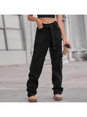 Waist Tie-wrap Cargo Washed Denim Pants